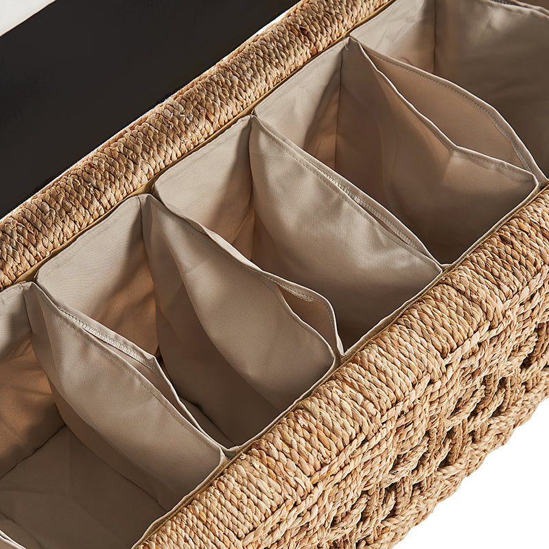 Banc de rangement à abattant en jacinthe d'eau avec détails sculptés, accoudoirs cylindriques et pieds en bois d'acacia | Naturel | Simple