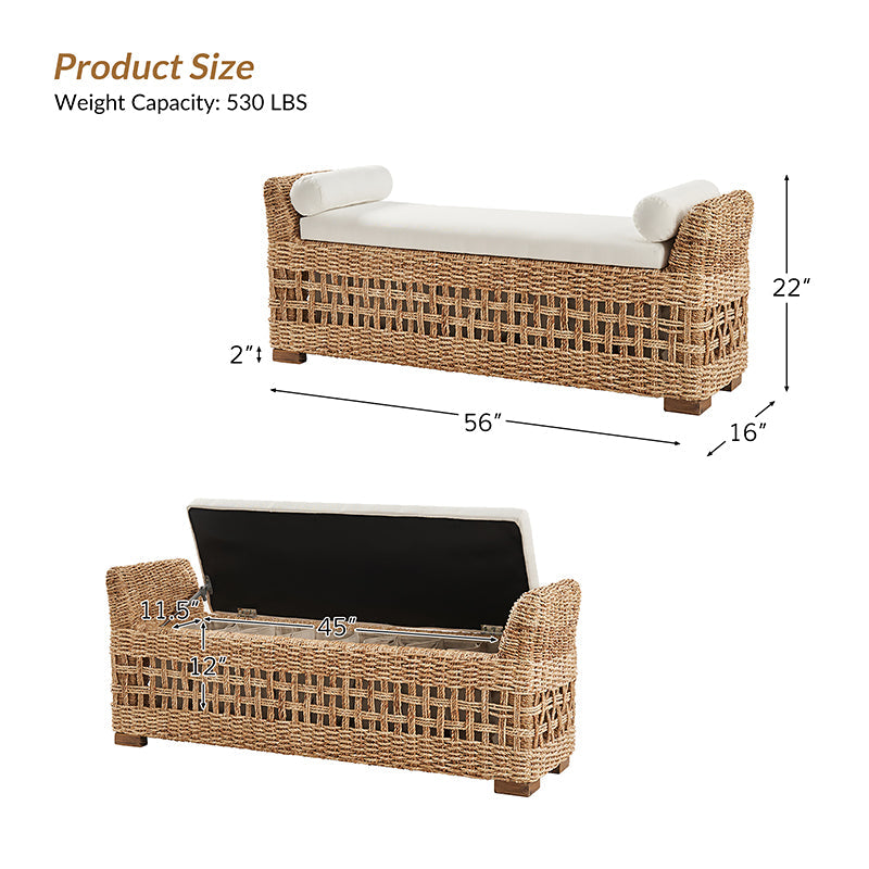 Banc de rangement à abattant en jacinthe d'eau avec détails sculptés, accoudoirs cylindriques et pieds en bois d'acacia | Naturel | Simple