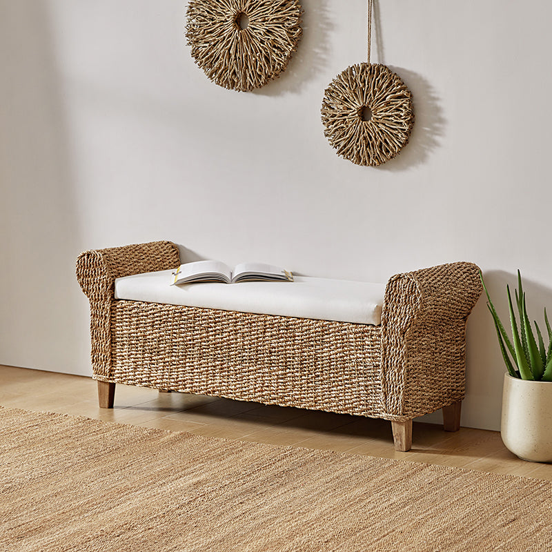 Banc de rangement en jacinthe d'eau avec accoudoirs arrondis, coussin en mousse et pieds en bois d'acacia | Naturel | Individuel