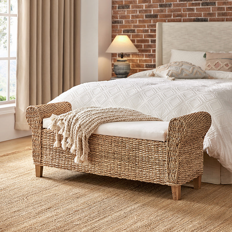 Banc de rangement en jacinthe d'eau avec accoudoirs arrondis, coussin en mousse et pieds en bois d'acacia | Naturel | Individuel