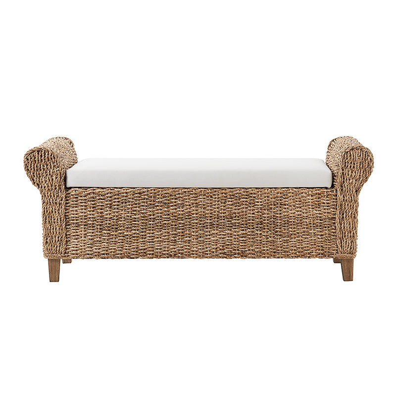 Banc de rangement en jacinthe d'eau avec accoudoirs arrondis, coussin en mousse et pieds en bois d'acacia | Naturel | Individuel