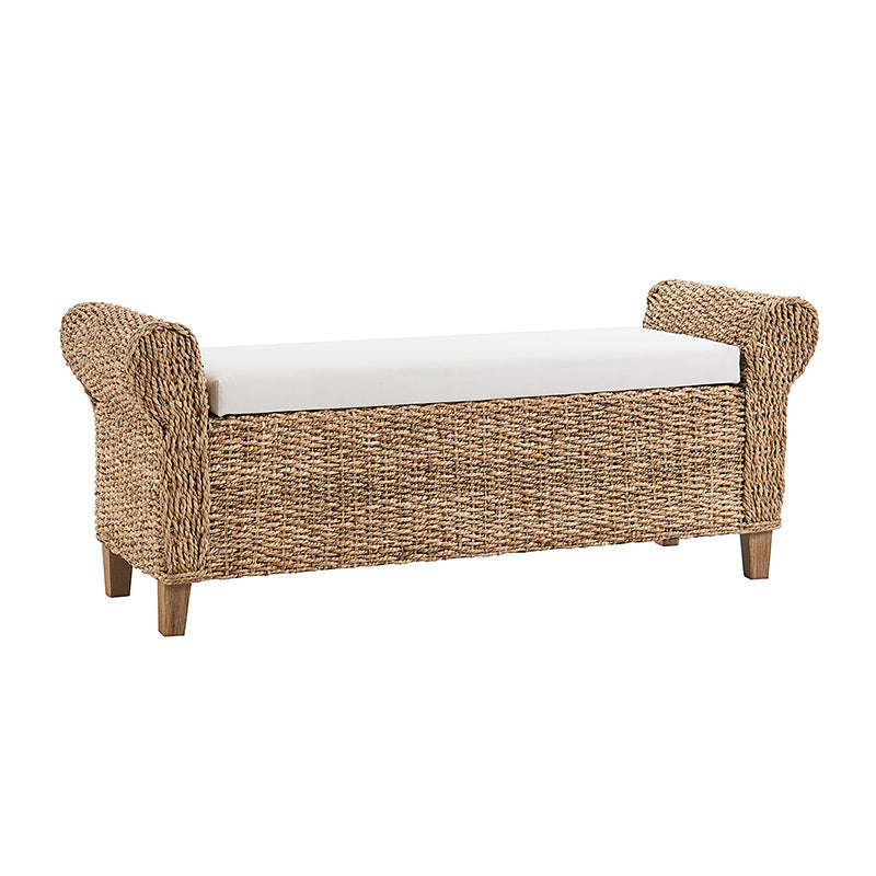 Banc de rangement en jacinthe d'eau avec accoudoirs arrondis, coussin en mousse et pieds en bois d'acacia | Naturel | Individuel