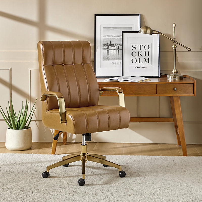 Fauteuil de bureau de direction en similicuir avec capitonnage à canaux et boutons, hauteur réglable, inclinaison et pivot | Ivoire / Caramel / Marron / Noir / Bleu marine / Sauge | Siège unique