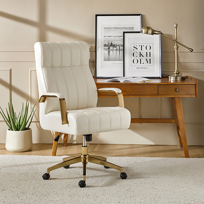 Fauteuil de bureau de direction en similicuir avec capitonnage à canaux et boutons, hauteur réglable, inclinaison et pivot | Ivoire / Caramel / Marron / Noir / Bleu marine / Sauge | Siège unique