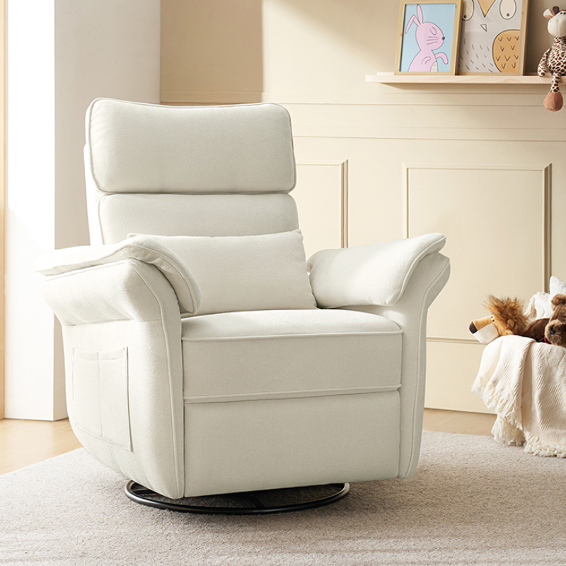 Fauteuil planeur électrique de nurserie avec accoudoirs et appuie-tête réglables, oreiller lombaire amovible, repose-pieds synchronisé et port USB | Beige / Blanc / Gris / Bleu marine / Bleu / Avoine / Mousse / Rose | Monoplace