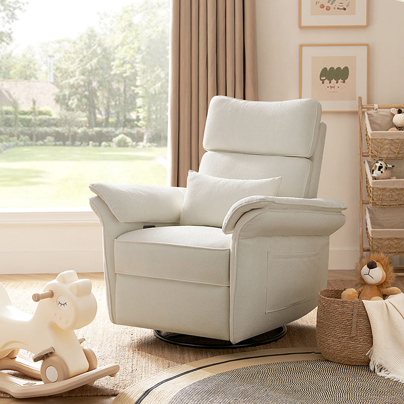 Fauteuil planeur électrique de nurserie avec accoudoirs et appuie-tête réglables, oreiller lombaire amovible, repose-pieds synchronisé et port USB | Beige / Blanc / Gris / Bleu marine / Bleu / Avoine / Mousse / Rose | Monoplace