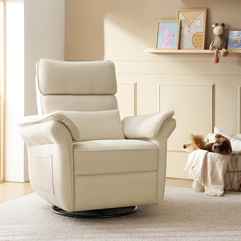 Fauteuil planeur électrique de nurserie avec accoudoirs et appuie-tête réglables, oreiller lombaire amovible, repose-pieds synchronisé et port USB | Beige / Blanc / Gris / Bleu marine / Bleu / Avoine / Mousse / Rose | Monoplace