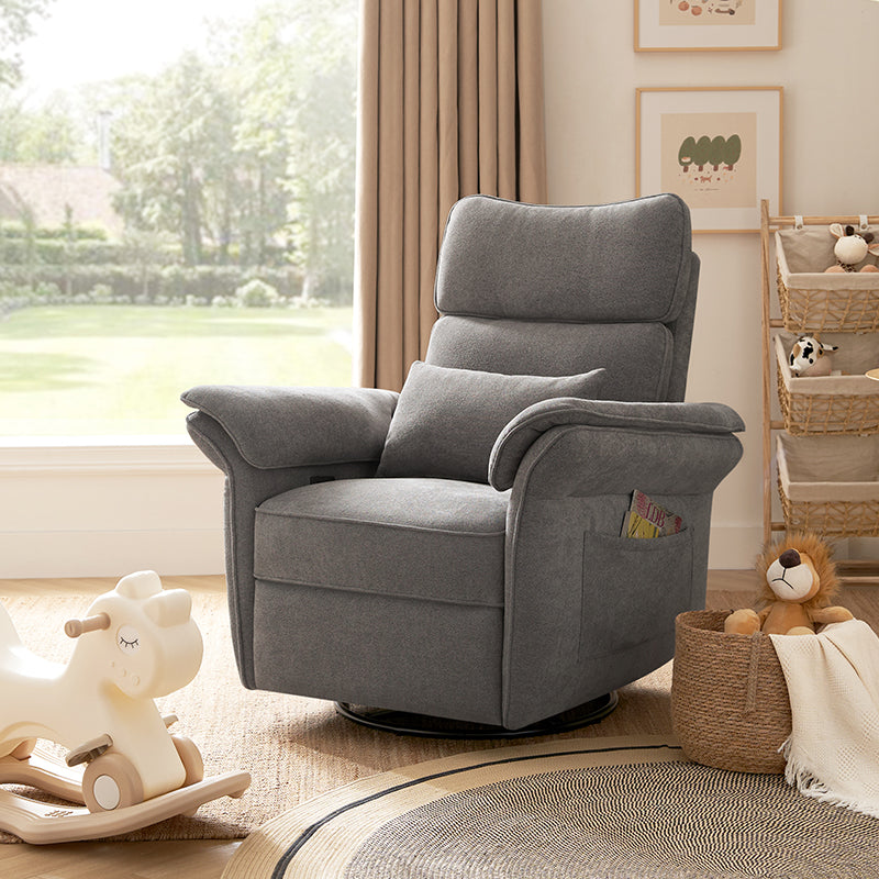 Fauteuil planeur électrique de nurserie avec accoudoirs et appuie-tête réglables, oreiller lombaire amovible, repose-pieds synchronisé et port USB | Beige / Blanc / Gris / Bleu marine / Bleu / Avoine / Mousse / Rose | Monoplace