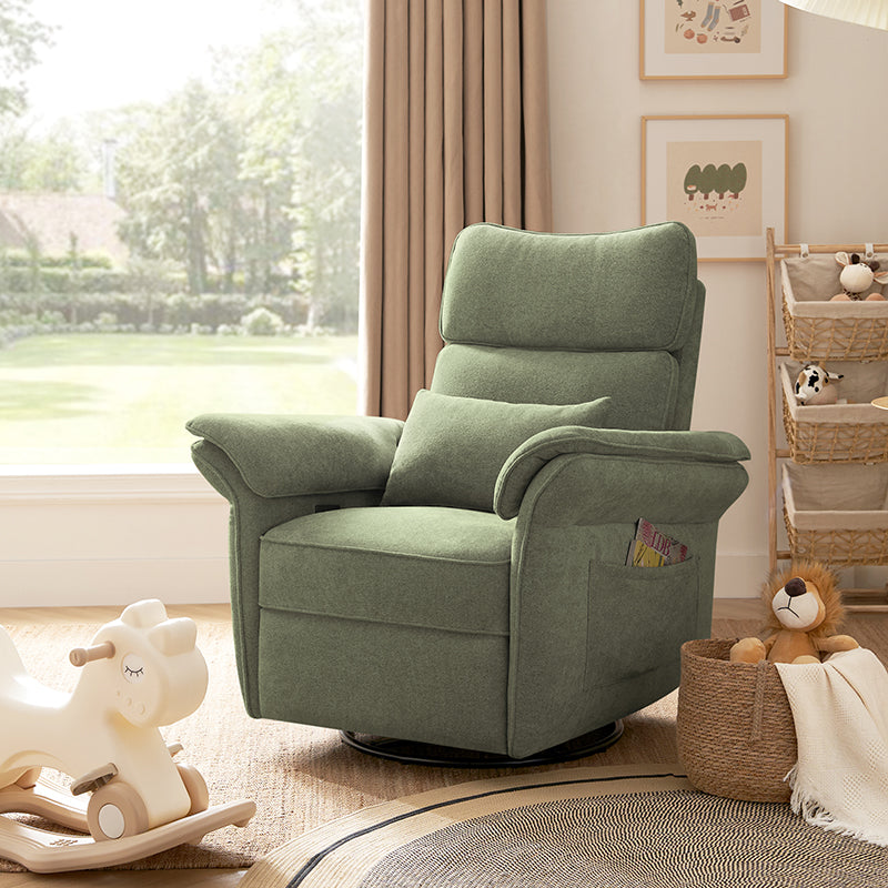 Fauteuil planeur électrique de nurserie avec accoudoirs et appuie-tête réglables, oreiller lombaire amovible, repose-pieds synchronisé et port USB | Beige / Blanc / Gris / Bleu marine / Bleu / Avoine / Mousse / Rose | Monoplace