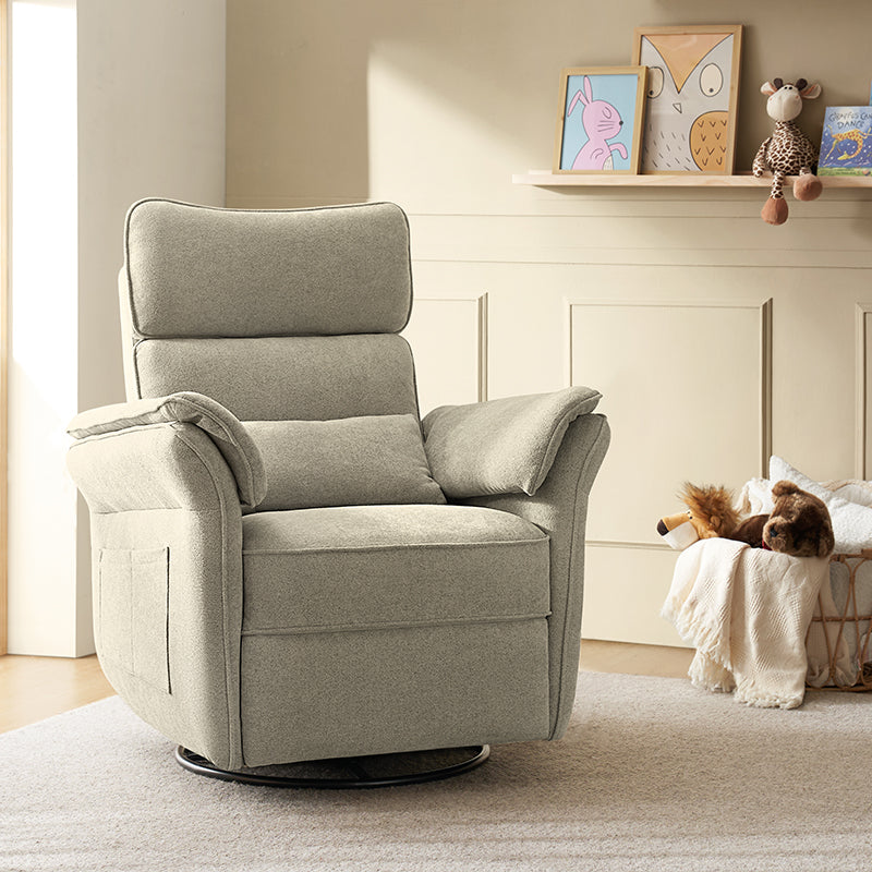 Fauteuil planeur électrique de nurserie avec accoudoirs et appuie-tête réglables, oreiller lombaire amovible, repose-pieds synchronisé et port USB | Beige / Blanc / Gris / Bleu marine / Bleu / Avoine / Mousse / Rose | Monoplace