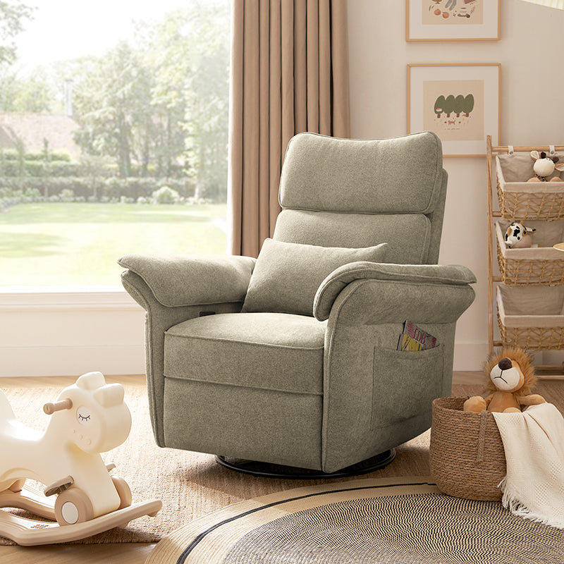 Fauteuil planeur électrique de nurserie avec accoudoirs et appuie-tête réglables, oreiller lombaire amovible, repose-pieds synchronisé et port USB | Beige / Blanc / Gris / Bleu marine / Bleu / Avoine / Mousse / Rose | Monoplace