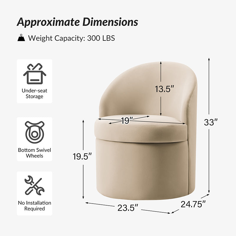 Fauteuil en velours avec rangement intégré sous l'assise | Mousse / Sable / Ivoire | Une place