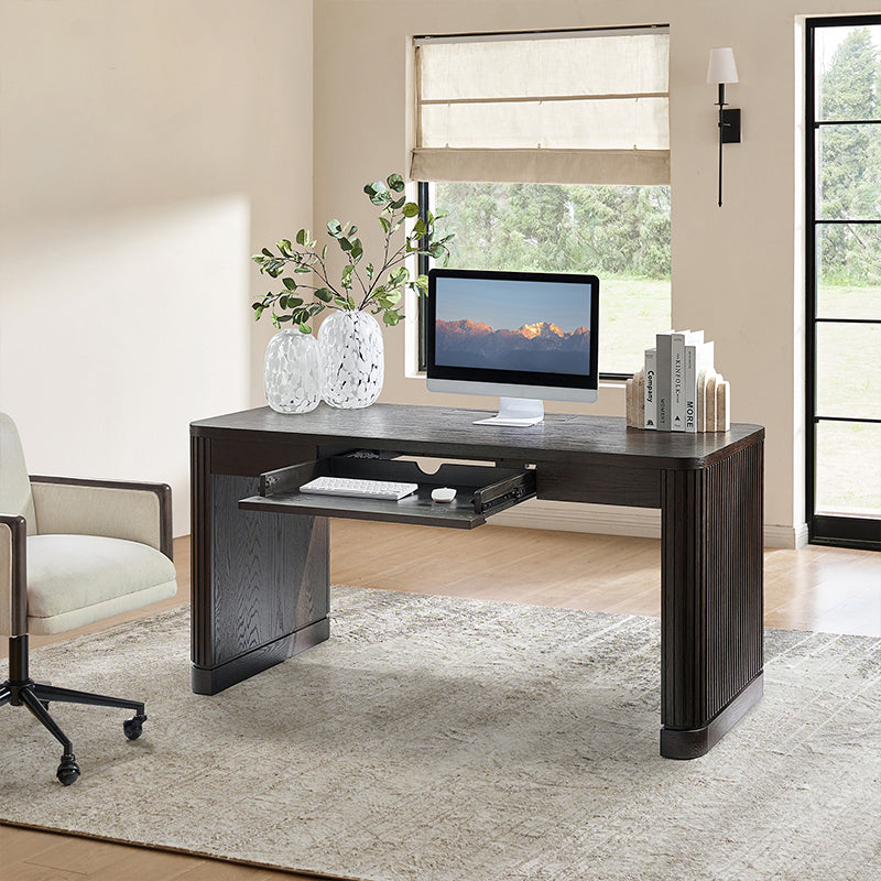 Bureau à Pieds Cannelés en Bois avec Prises de Courant Intégrées et Tablette Clavier | Seadrift / Charcoal | Individuel