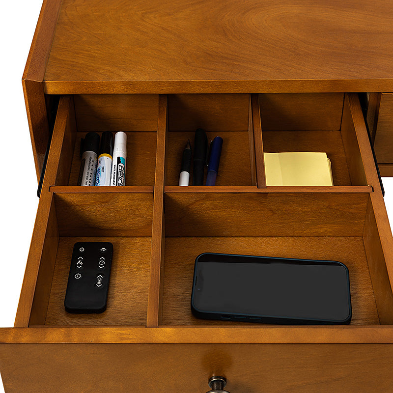 Bureau d'ordinateur avec 3 tiroirs, prise de courant intégrée, gestion des câbles et pieds en bois d'hévéa | Chêne / Noyer | Simple