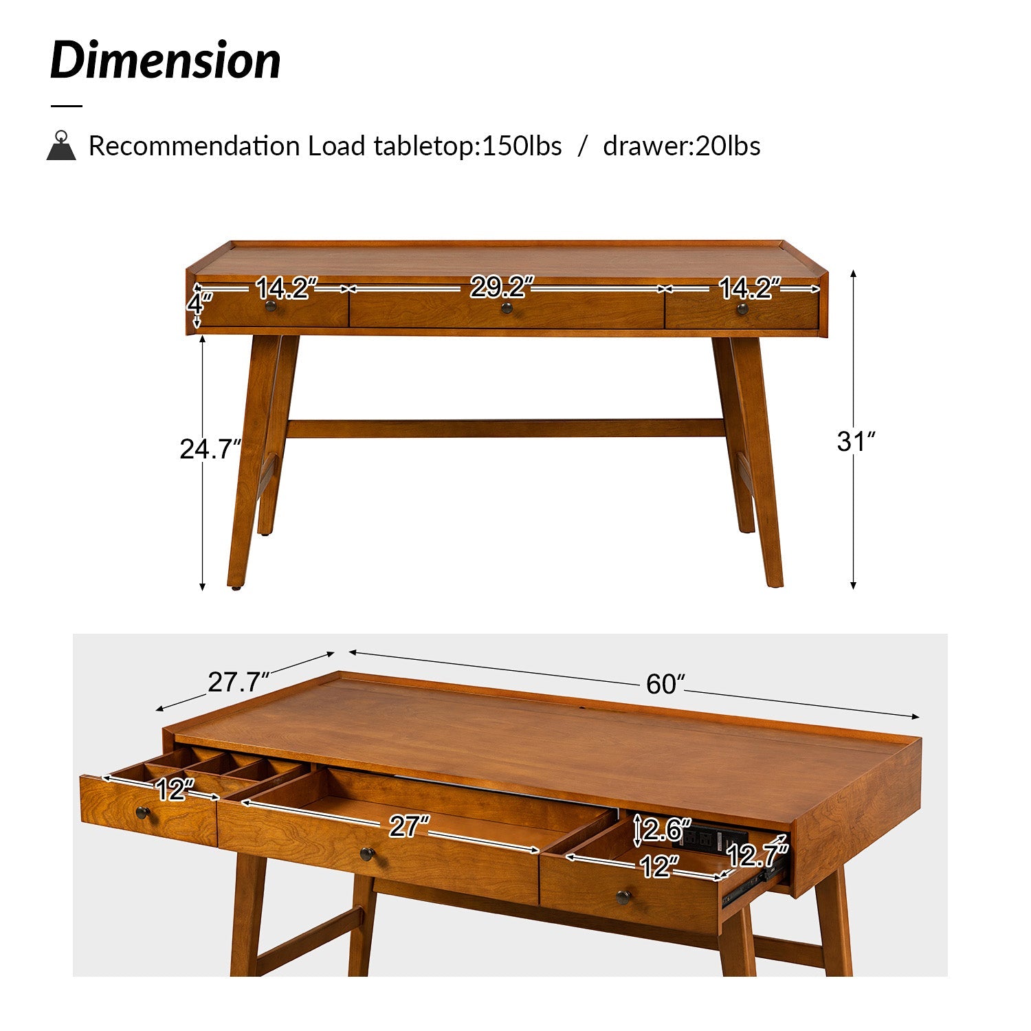 Bureau d'ordinateur avec 3 tiroirs, prise de courant intégrée, gestion des câbles et pieds en bois d'hévéa | Chêne / Noyer | Simple