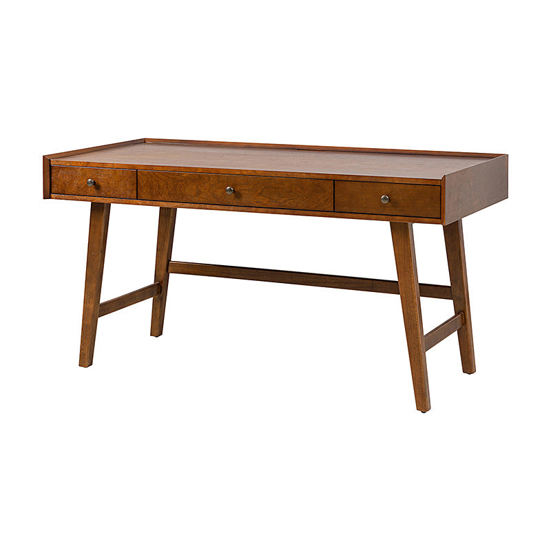 Bureau d'ordinateur avec 3 tiroirs, prise de courant intégrée, gestion des câbles et pieds en bois d'hévéa | Chêne / Noyer | Simple
