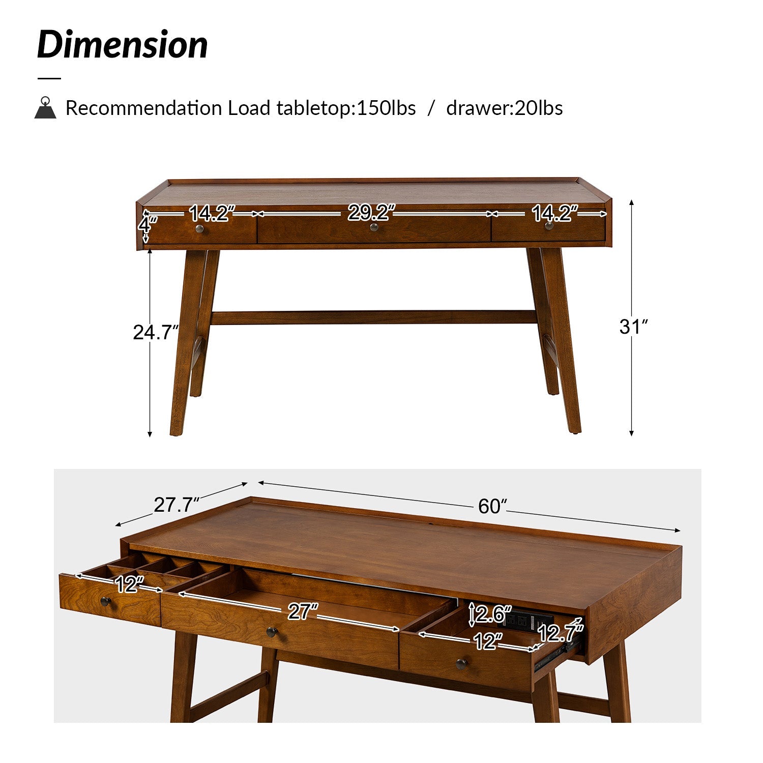 Bureau d'ordinateur avec 3 tiroirs, prise de courant intégrée, gestion des câbles et pieds en bois d'hévéa | Chêne / Noyer | Simple