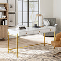 Bureau 3 tiroirs avec plateau noir brillant, tiroirs à fermeture amortie et pieds en métal doré | Blanc / Noir | Simple