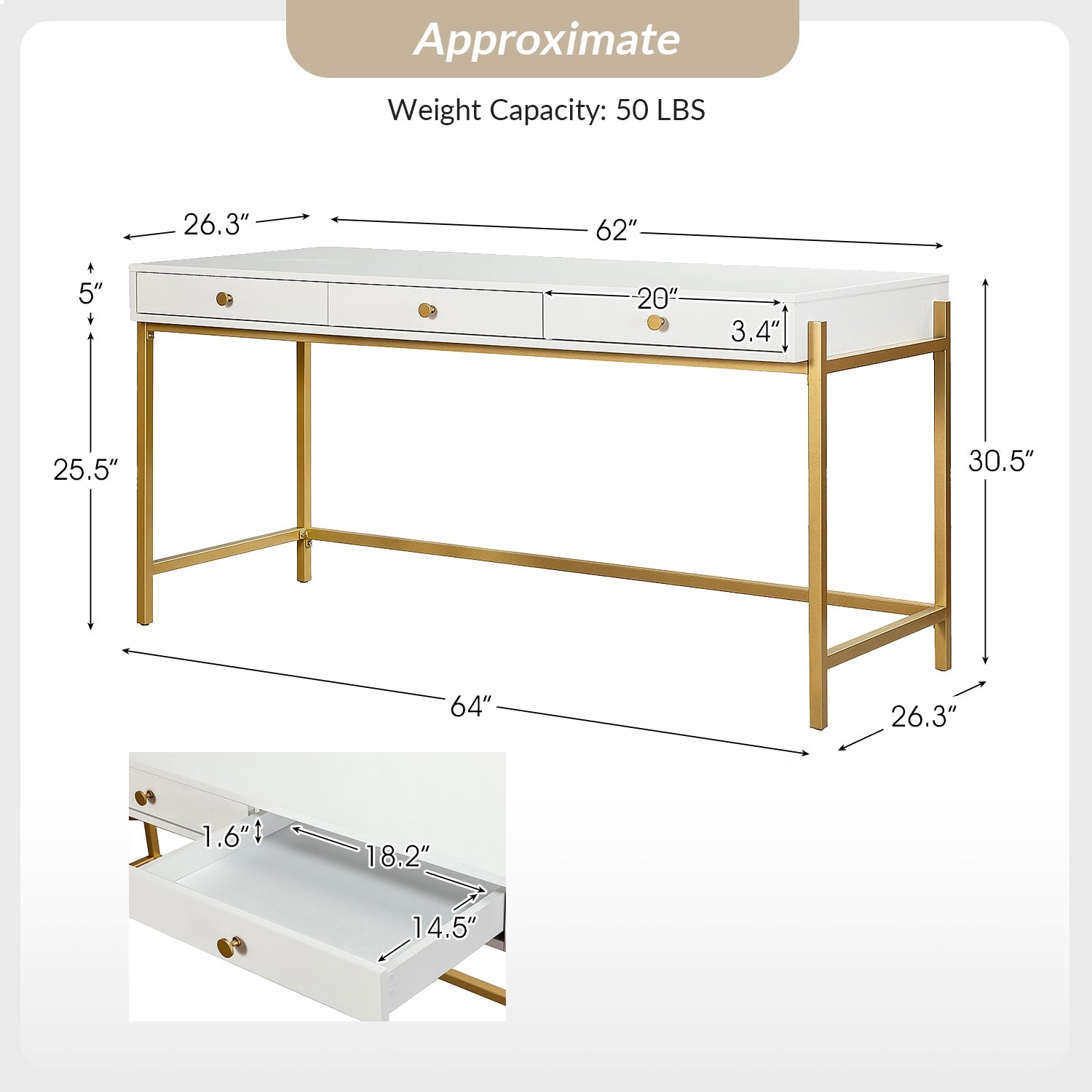 Bureau 3 tiroirs avec plateau noir brillant, tiroirs à fermeture amortie et pieds en métal doré | Blanc / Noir | Simple