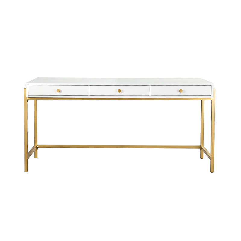 Bureau 3 tiroirs avec plateau noir brillant, tiroirs à fermeture amortie et pieds en métal doré | Blanc / Noir | Simple