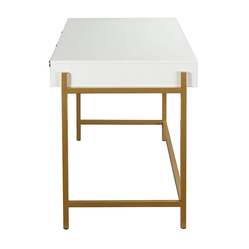 Bureau 3 tiroirs avec plateau noir brillant, tiroirs à fermeture amortie et pieds en métal doré | Blanc / Noir | Simple
