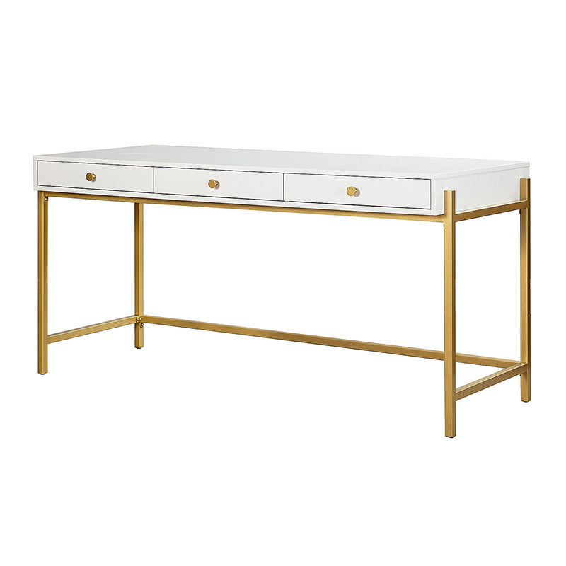 Bureau 3 tiroirs avec plateau noir brillant, tiroirs à fermeture amortie et pieds en métal doré | Blanc / Noir | Simple