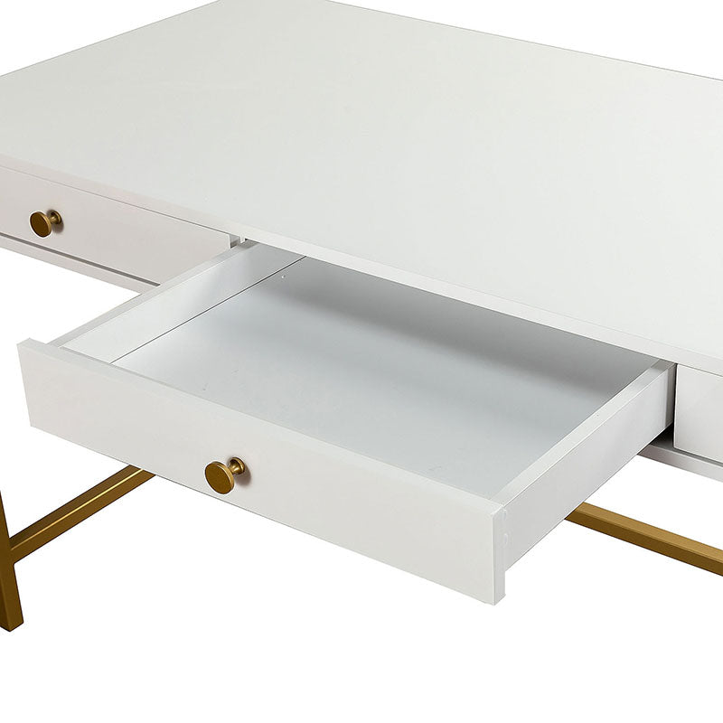 Bureau 3 tiroirs avec plateau noir brillant, tiroirs à fermeture amortie et pieds en métal doré | Blanc / Noir | Simple