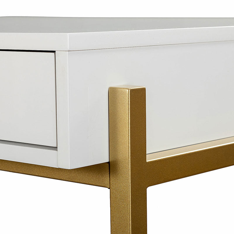 Bureau 3 tiroirs avec plateau noir brillant, tiroirs à fermeture amortie et pieds en métal doré | Blanc / Noir | Simple