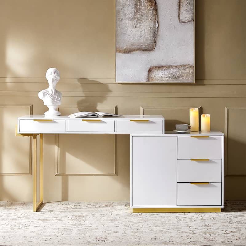 Bureau moderne avec 6 tiroirs, armoire configurable, gestion des câbles intégrée et prise de courant | Blanc | Simple