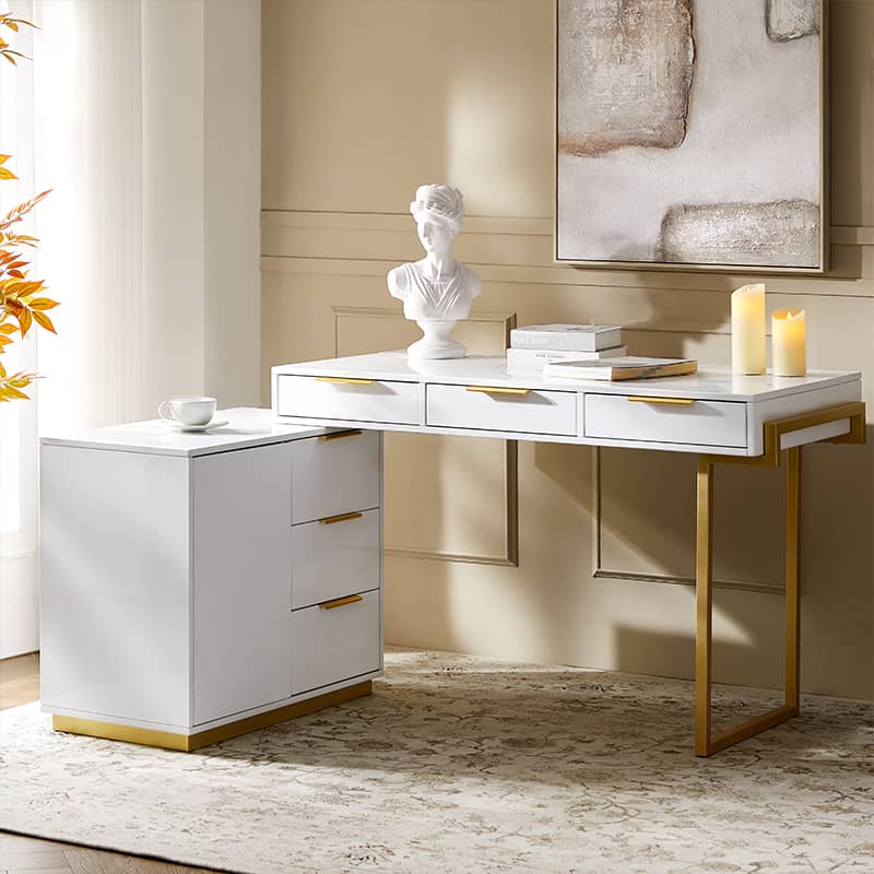 Bureau moderne avec 6 tiroirs, armoire configurable, gestion des câbles intégrée et prise de courant | Blanc | Simple