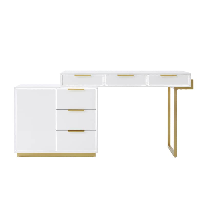 Bureau moderne avec 6 tiroirs, armoire configurable, gestion des câbles intégrée et prise de courant | Blanc | Simple