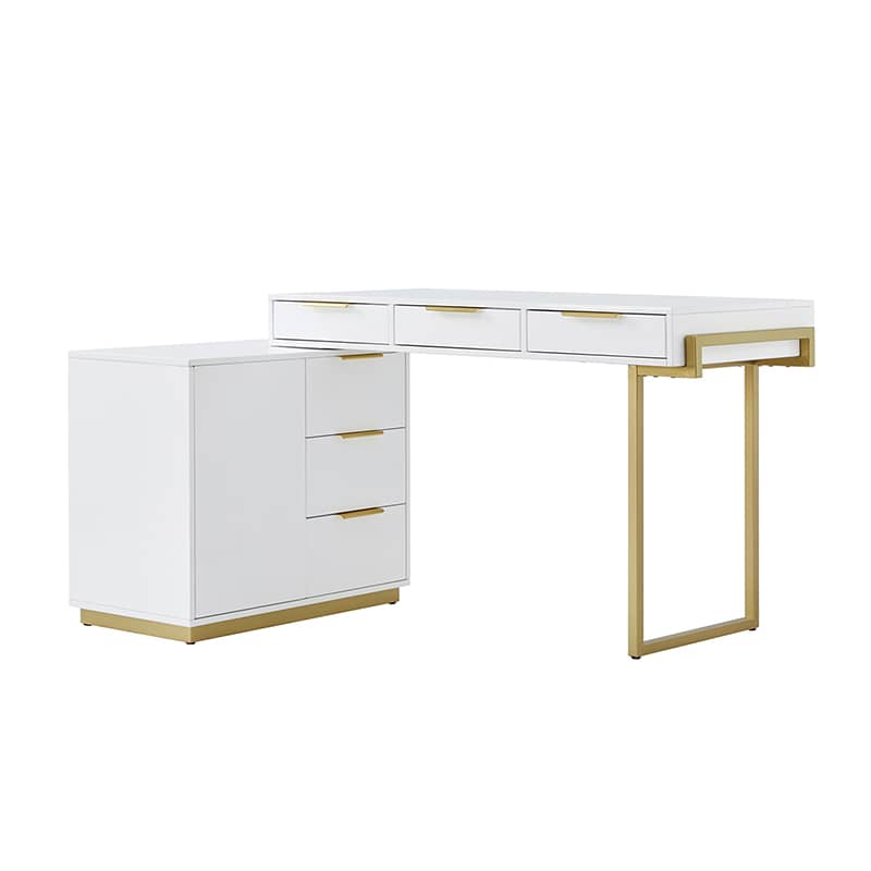 Bureau moderne avec 6 tiroirs, armoire configurable, gestion des câbles intégrée et prise de courant | Blanc | Simple