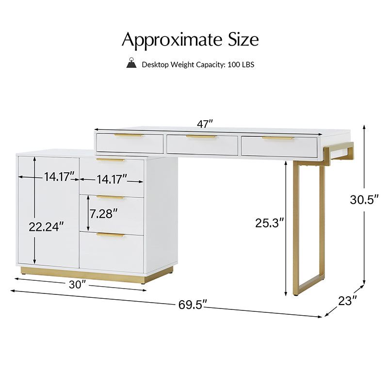 Bureau moderne avec 6 tiroirs, armoire configurable, gestion des câbles intégrée et prise de courant | Blanc | Simple