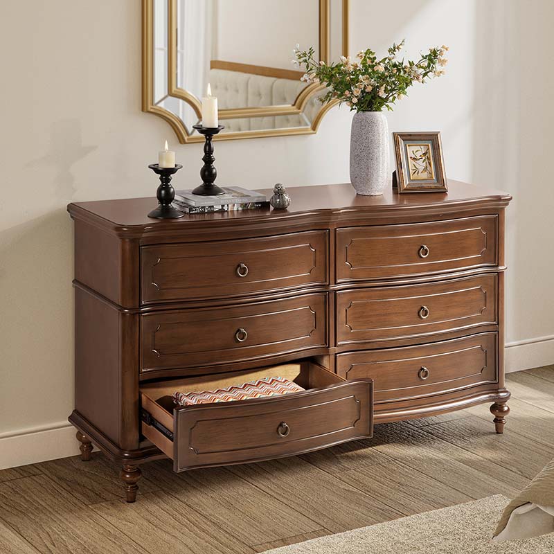 Commode à 6 tiroirs avec façade incurvée, pieds en forme de gourde et poignées en bronze antique | Noyer | Individuel