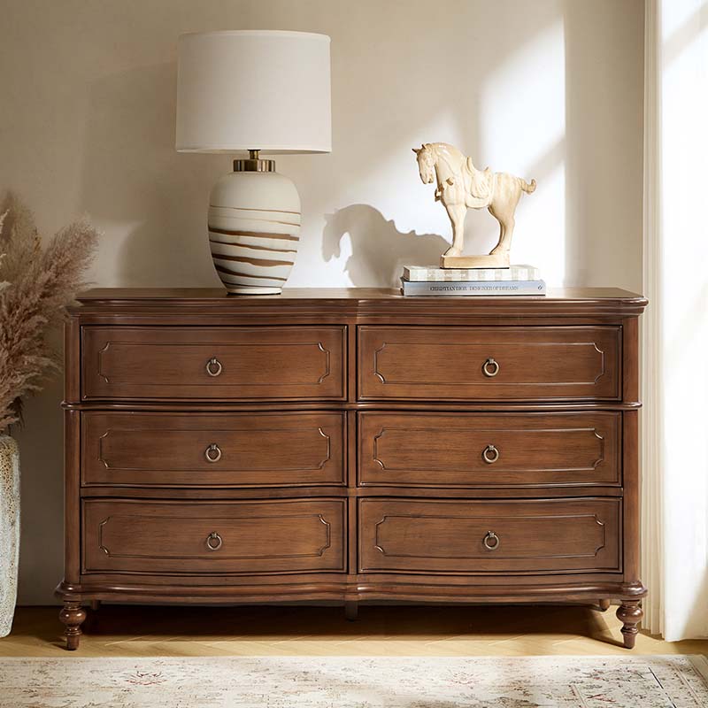 Commode à 6 tiroirs avec façade incurvée, pieds en forme de gourde et poignées en bronze antique | Noyer | Individuel