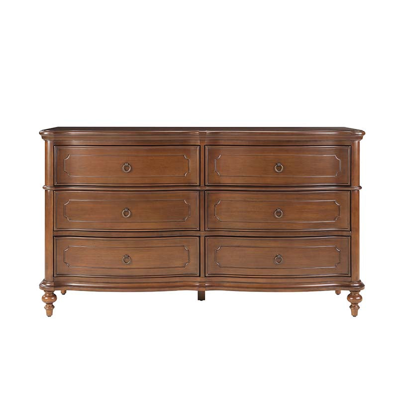 Commode à 6 tiroirs avec façade incurvée, pieds en forme de gourde et poignées en bronze antique | Noyer | Individuel