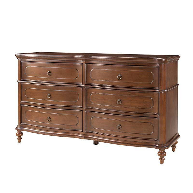 Commode à 6 tiroirs avec façade incurvée, pieds en forme de gourde et poignées en bronze antique | Noyer | Individuel