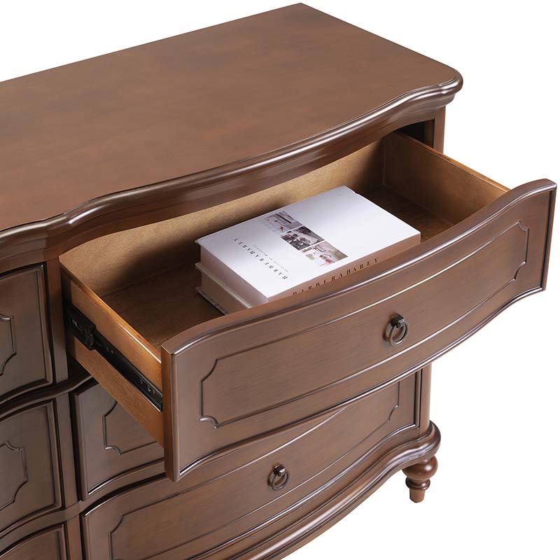 Commode à 6 tiroirs avec façade incurvée, pieds en forme de gourde et poignées en bronze antique | Noyer | Individuel