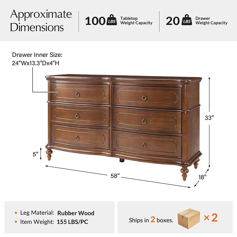 Commode à 6 tiroirs avec façade incurvée, pieds en forme de gourde et poignées en bronze antique | Noyer | Individuel