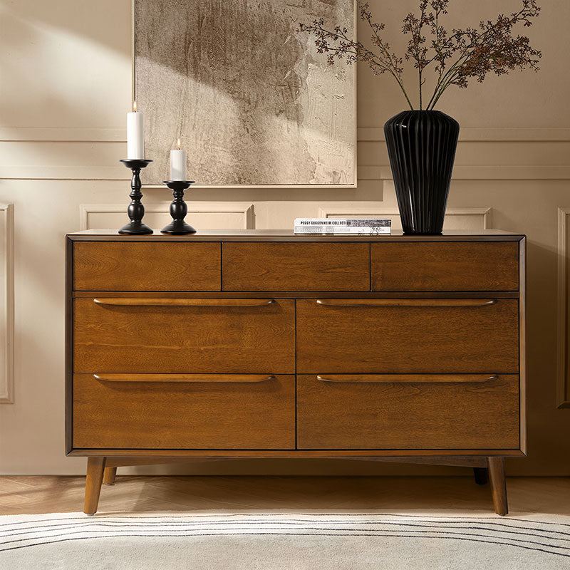 Commode 7 tiroirs de style Mid-Century avec pieds en bois d'hévéa massif, pieds réglables et mécanisme anti-basculement | Chêne clair / Noyer | Simple