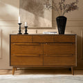 Commode 7 tiroirs de style Mid-Century avec pieds en bois d'hévéa massif, pieds réglables et mécanisme anti-basculement | Chêne clair / Noyer | Simple
