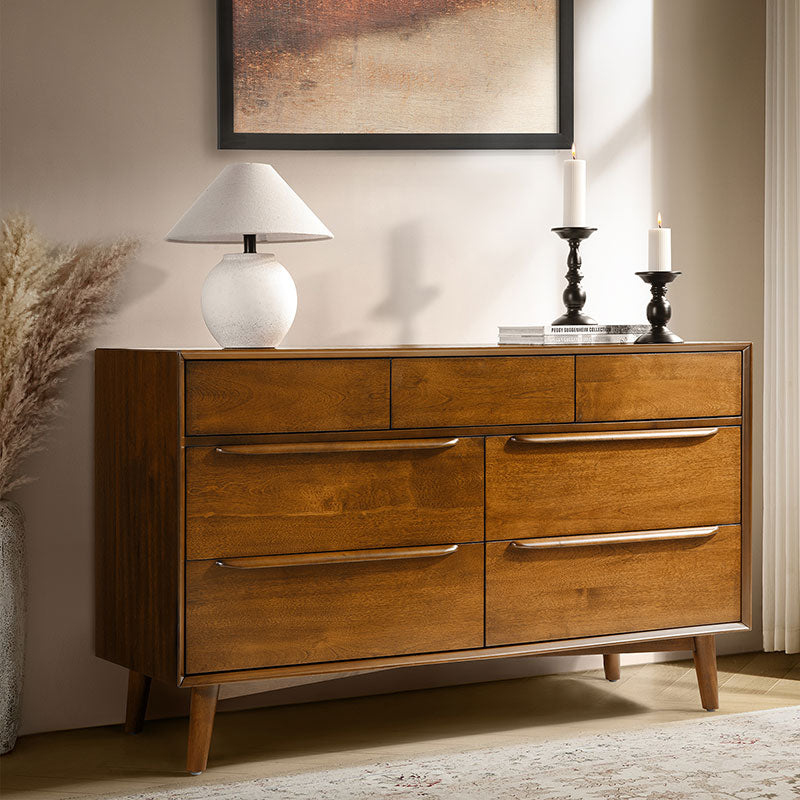 Commode 7 tiroirs de style Mid-Century avec pieds en bois d'hévéa massif, pieds réglables et mécanisme anti-basculement | Chêne clair / Noyer | Simple