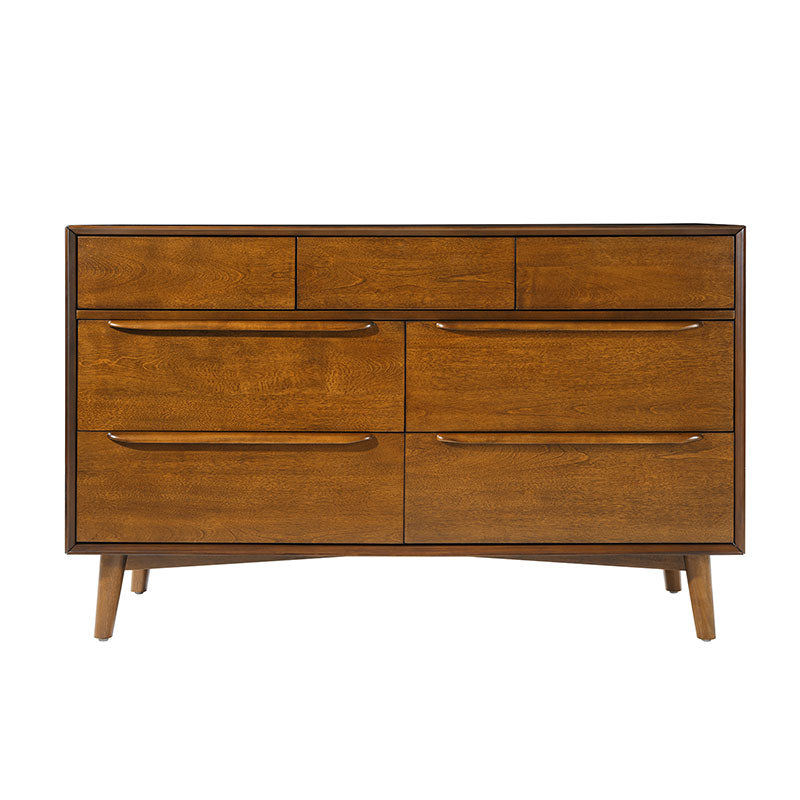 Commode 7 tiroirs de style Mid-Century avec pieds en bois d'hévéa massif, pieds réglables et mécanisme anti-basculement | Chêne clair / Noyer | Simple
