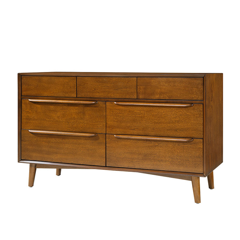 Commode 7 tiroirs de style Mid-Century avec pieds en bois d'hévéa massif, pieds réglables et mécanisme anti-basculement | Chêne clair / Noyer | Simple