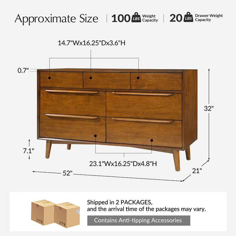 Commode 7 tiroirs de style Mid-Century avec pieds en bois d'hévéa massif, pieds réglables et mécanisme anti-basculement | Chêne clair / Noyer | Simple