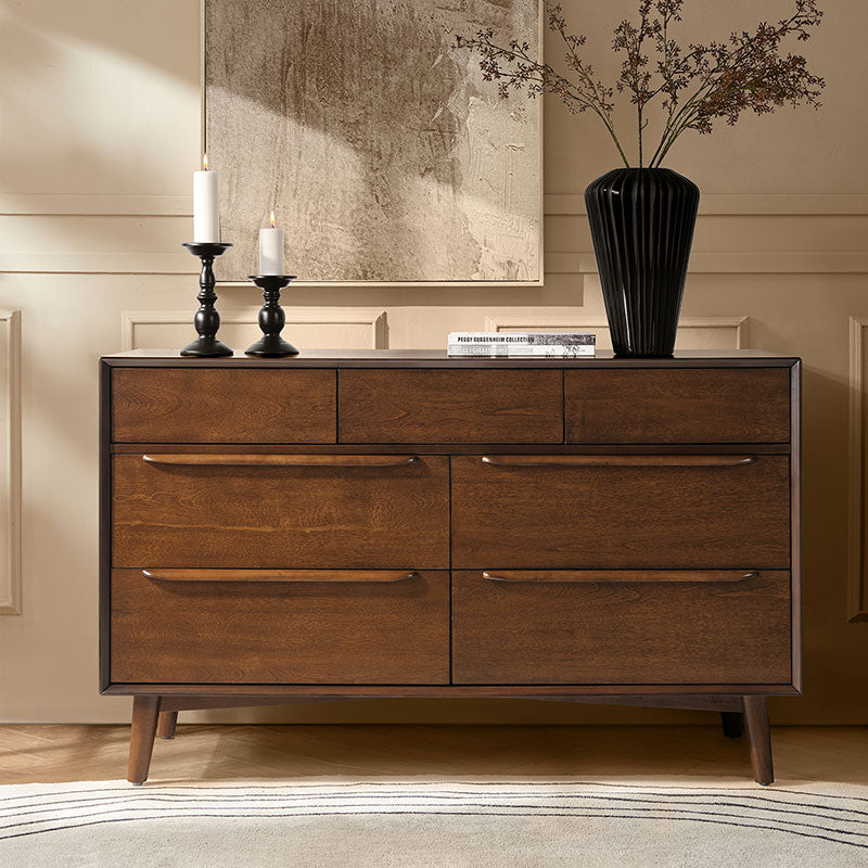 Commode 7 tiroirs de style Mid-Century avec pieds en bois d'hévéa massif, pieds réglables et mécanisme anti-basculement | Chêne clair / Noyer | Simple