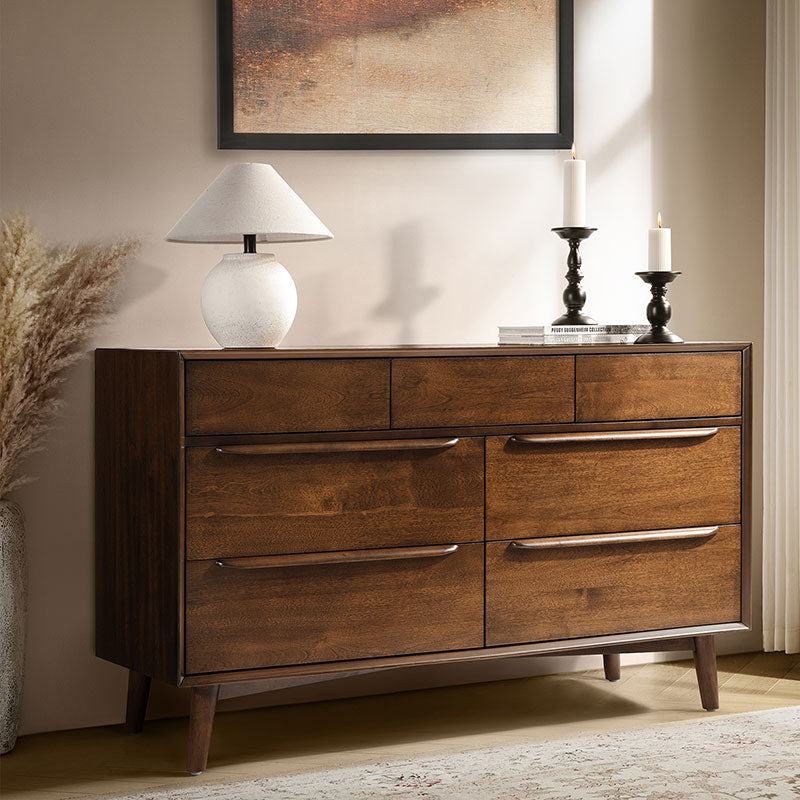 Commode 7 tiroirs de style Mid-Century avec pieds en bois d'hévéa massif, pieds réglables et mécanisme anti-basculement | Chêne clair / Noyer | Simple