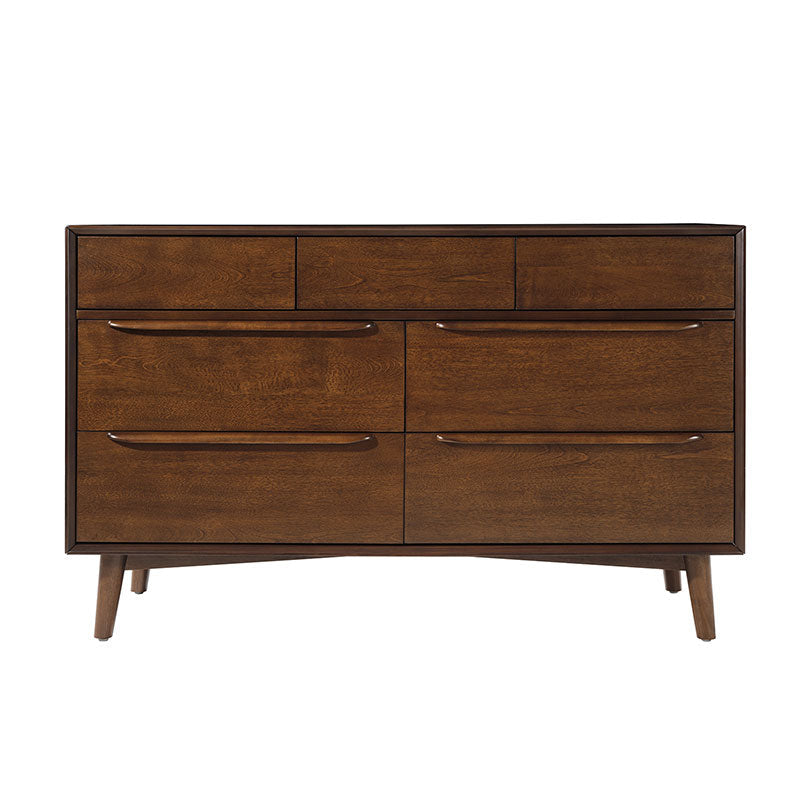 Commode 7 tiroirs de style Mid-Century avec pieds en bois d'hévéa massif, pieds réglables et mécanisme anti-basculement | Chêne clair / Noyer | Simple
