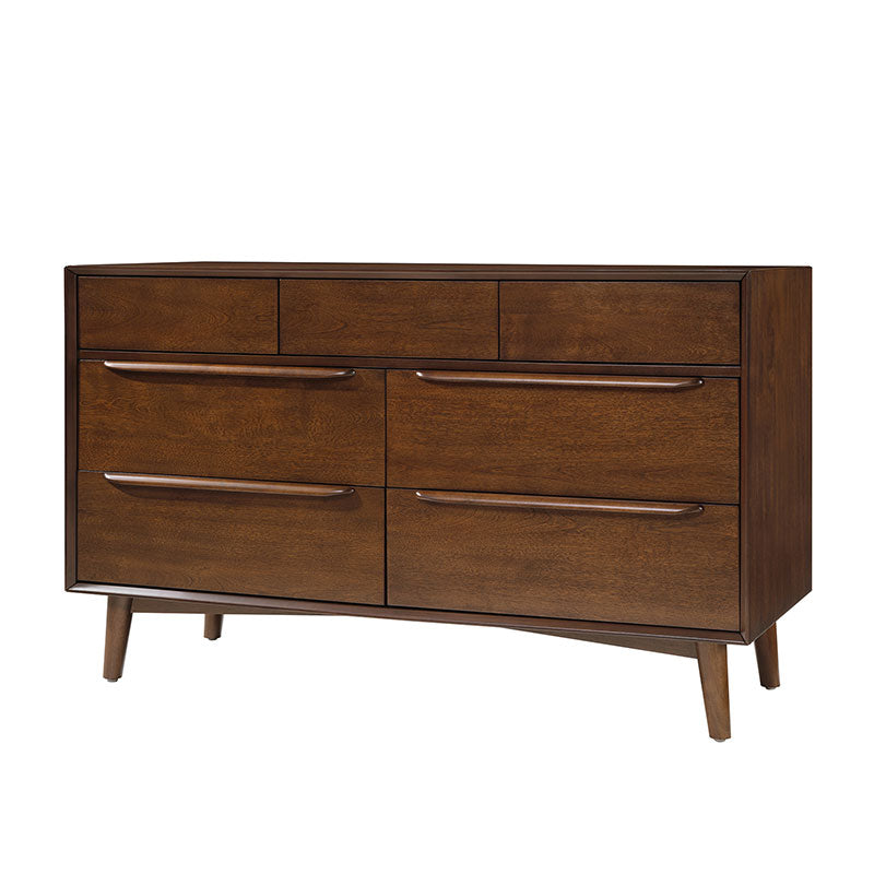 Commode 7 tiroirs de style Mid-Century avec pieds en bois d'hévéa massif, pieds réglables et mécanisme anti-basculement | Chêne clair / Noyer | Simple