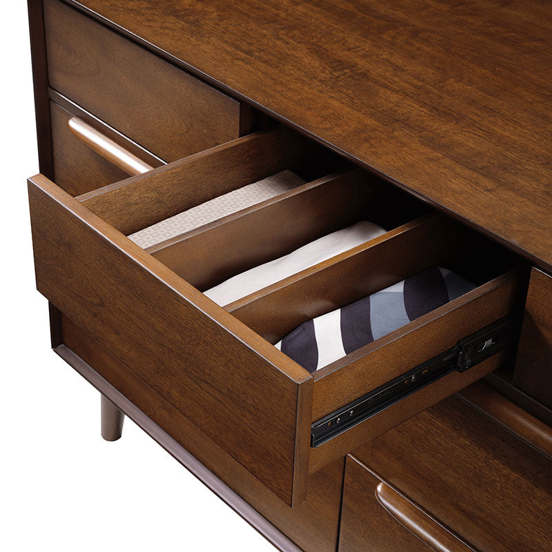 Commode 7 tiroirs de style Mid-Century avec pieds en bois d'hévéa massif, pieds réglables et mécanisme anti-basculement | Chêne clair / Noyer | Simple